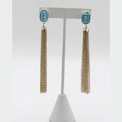 Aqua Glow Square Crystal Tassel Earrings