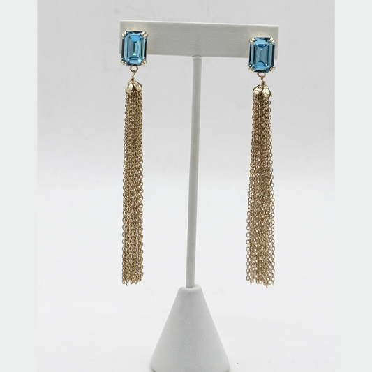 Aqua Glow Square Crystal Tassel Earrings