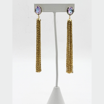 Aqua Glow Square Crystal Tassel Earrings
