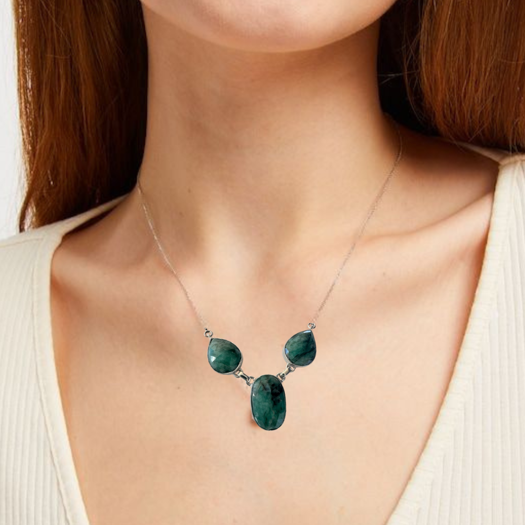 Emerald Stone Stone Necklace -.925 Sterling silver Rhodium Plated