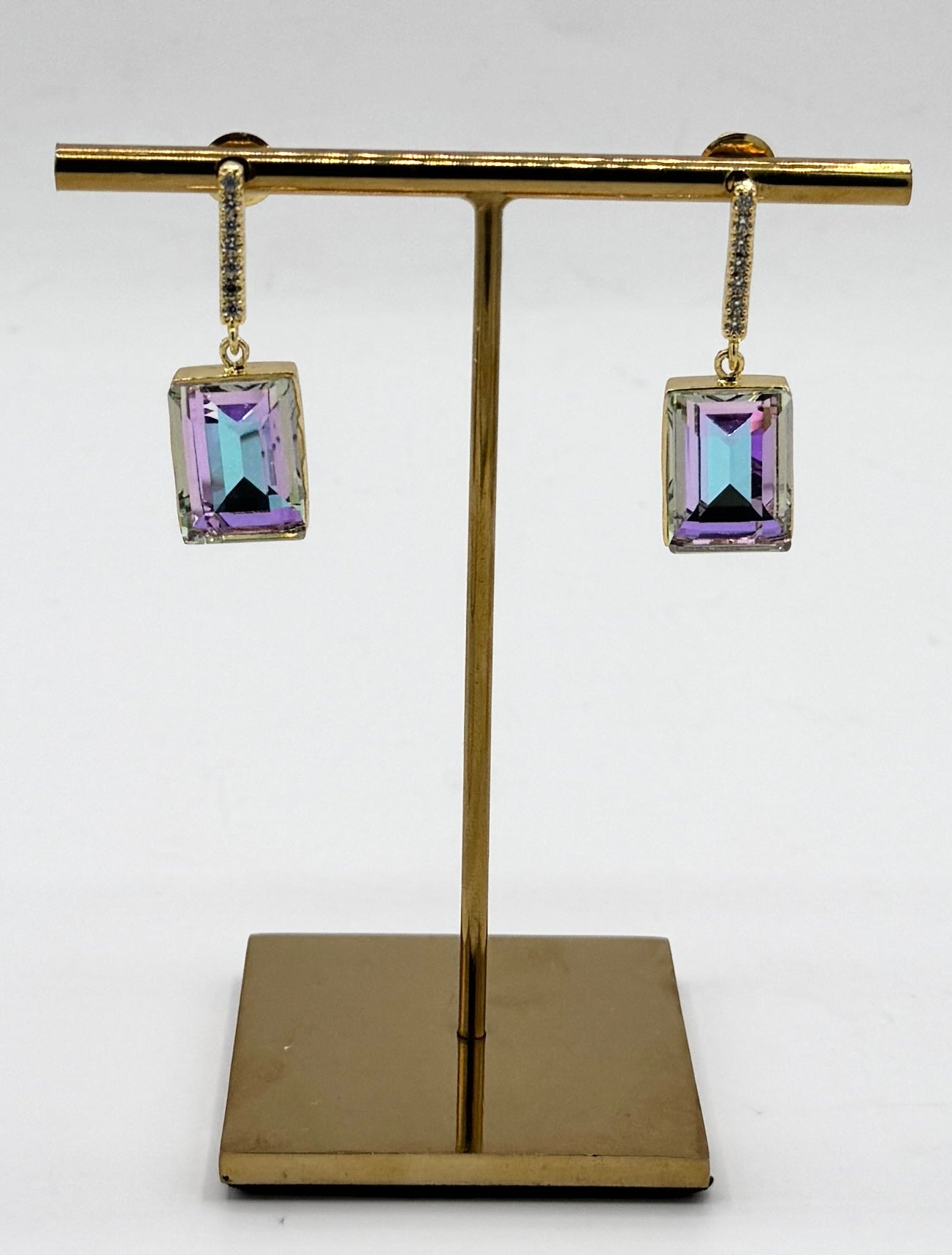 2-Stone Swarovski Crystal Elements Statement Square Shape CZ Drop Earrings in Light Amethyst & Light Gold Finish