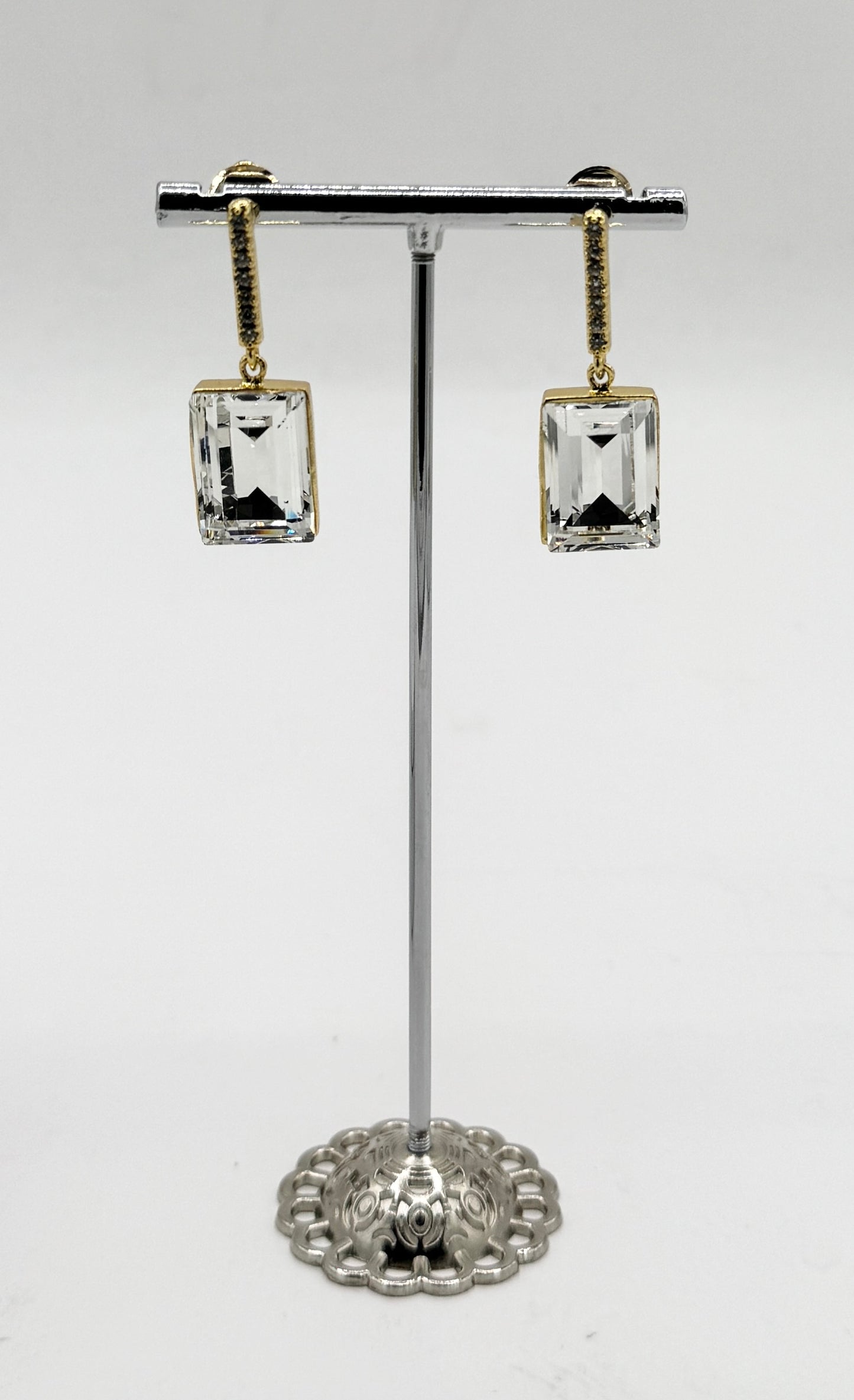 2-Stone Swarovski Crystal Elements Statement Square Shape CZ Drop Earrings in Light Amethyst & Light Gold Finish