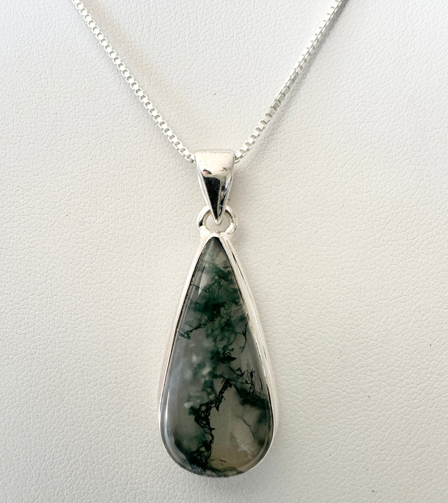 Long Teardrop Moss Agate Sterling Silver Pendant