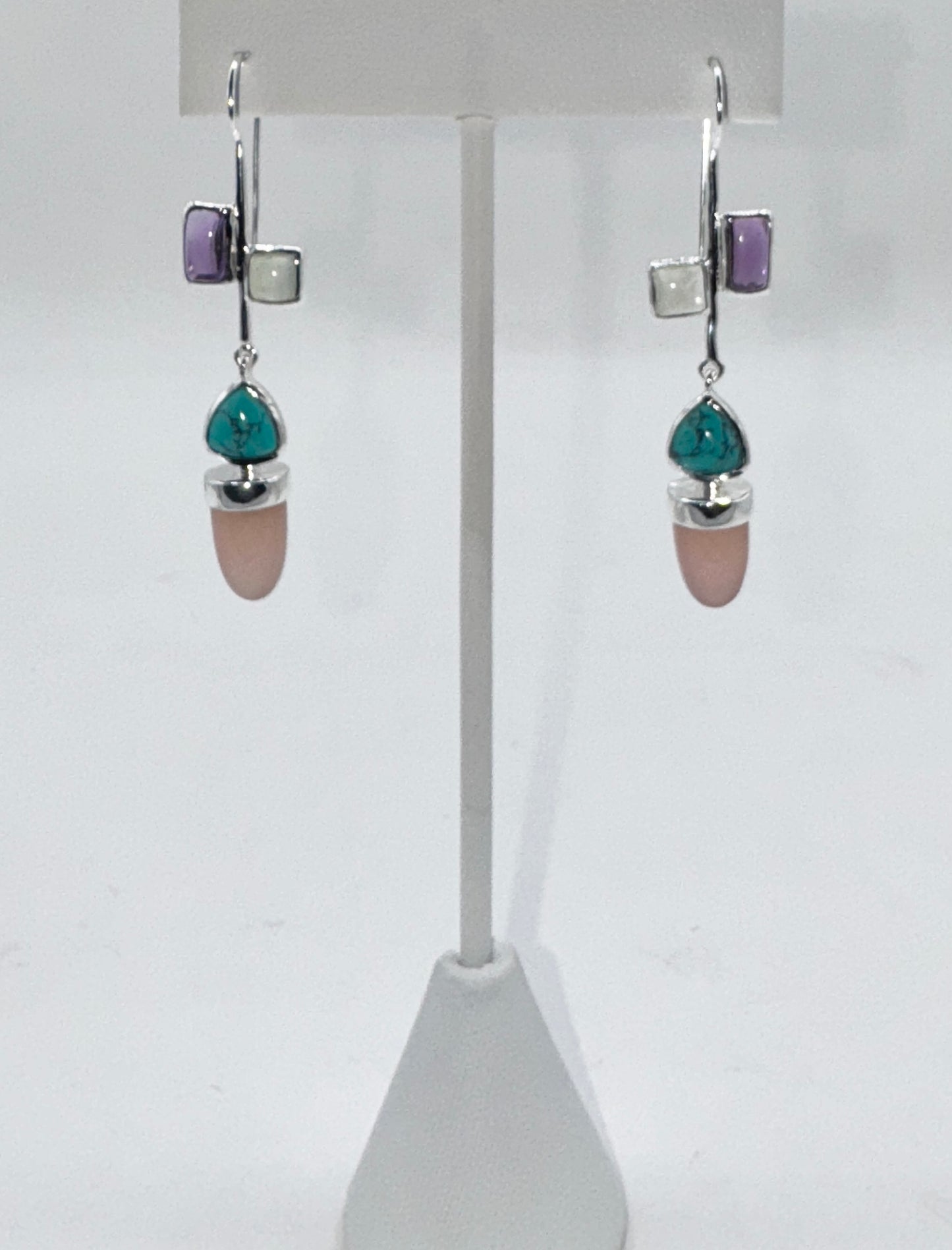 Sterling Silver Earrings With Aqua Chalcedony, Turquoise, Labradorite & black Onyx