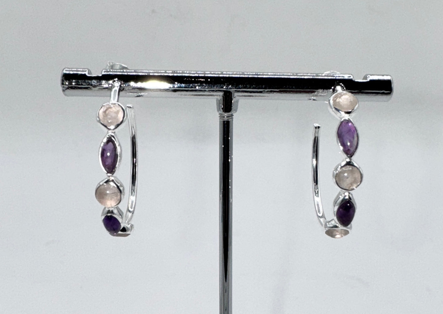 Sterling Silver Earrings with Amethyst, Rose Quartz, and Onyx