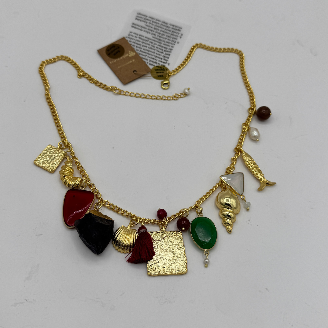 Multi-Agate Charm Statement Necklace in Light Antique Gold Finish