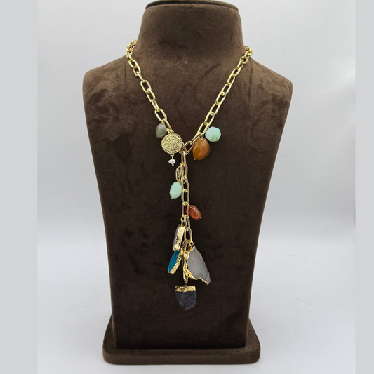 Semi Precious Stone Multi Agate Stones “Y“ shape Charm Statement  Necklace in Gold Metal Finish