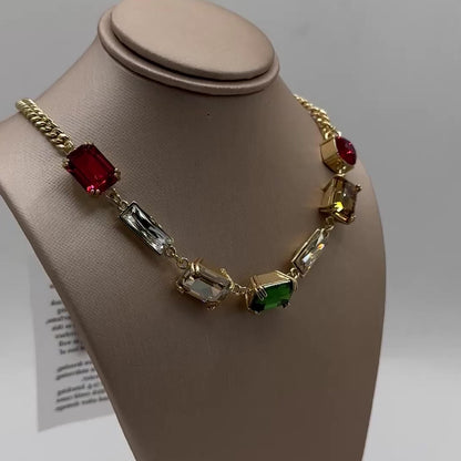 7 Stone Swarovski Crystal Statement Choker Pendant Necklace in Lt Gold Finish