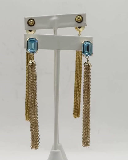 Aqua Glow Square Crystal Tassel Earrings