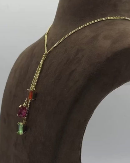 3 Stone Swarovski Stone  Necklace in  Square shape in Multi Colors.