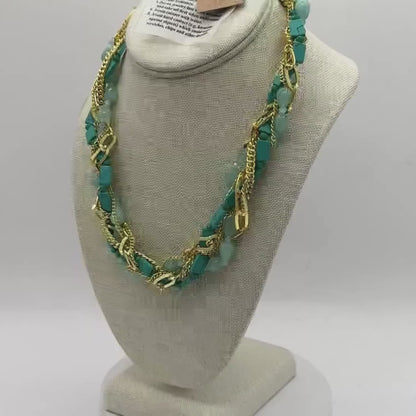 Turquoise Stone Multi-Row Twisted Necklace in Gold Finish