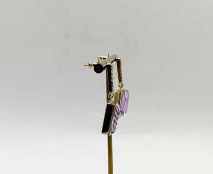 2-Stone Swarovski Crystal Elements Statement Square Shape CZ Drop Earrings in Light Amethyst & Light Gold Finish