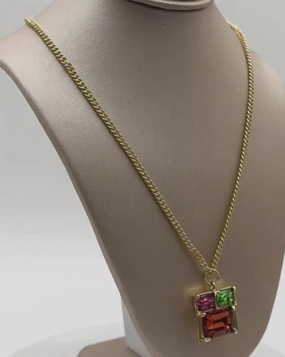 Multi-Color 3-Stone Swarovski Crystal Pendant Necklace in Light Gold Brass
