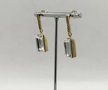 2-Stone Swarovski Crystal Elements Statement Square Shape CZ Drop Earrings in Light Amethyst & Light Gold Finish