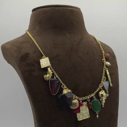 Multi-Agate Charm Statement Necklace in Light Antique Gold Finish